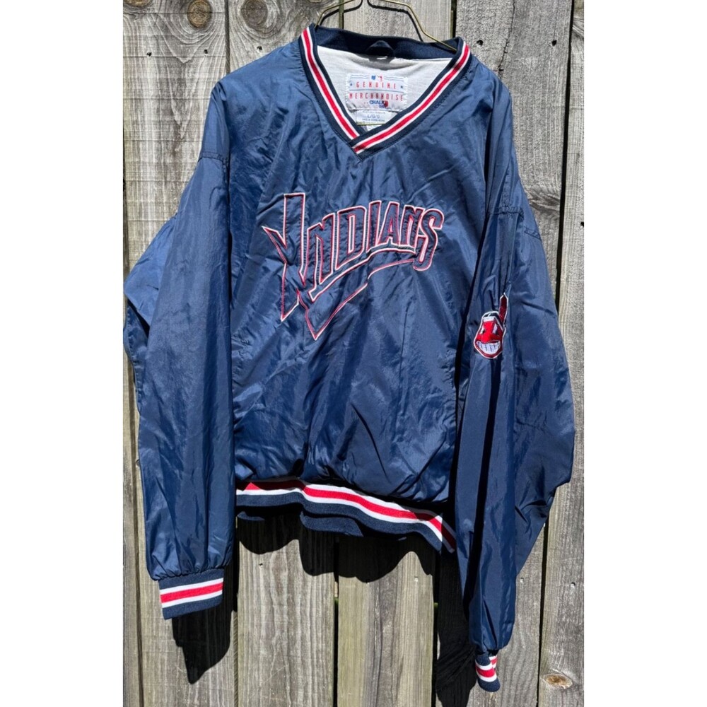 MLB Cleveland Indians LG Pullover lined Windbreaker Mens Blue Zip Side w/pockets